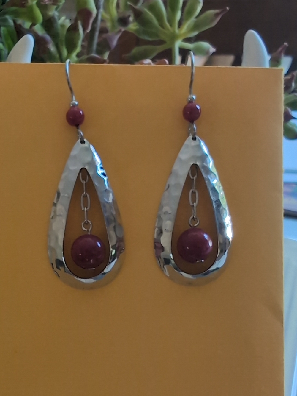 Hammered Silver Teardrop Earrings with Maroon Beads